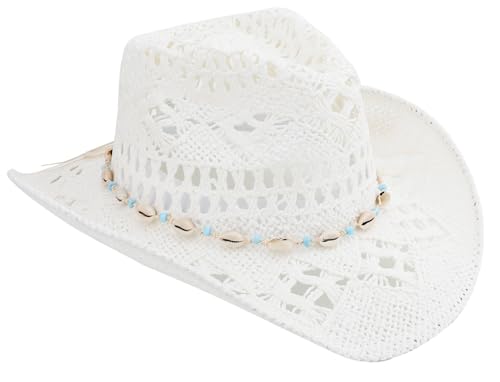 Straw Cowboy Hat for Women and Men with Shapeable Wide Brim Sun Beach Western Cowgirl Hat - color: White-m