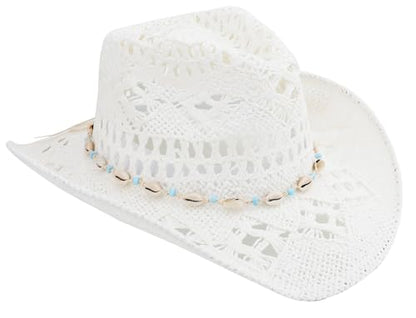 Straw Cowboy Hat for Women and Men with Shapeable Wide Brim Sun Beach Western Cowgirl Hat - color: White-m