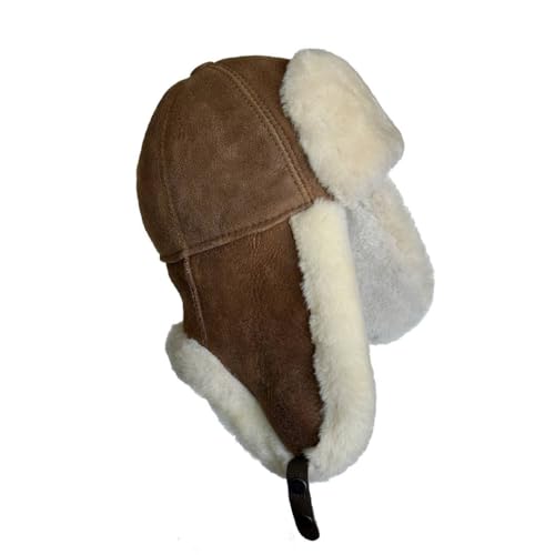 Leather Aviator Russian Ushanka Trapper Shearling Sheepskin Fur Ear Flap Waterproof Winter Hat - color: Cognac Brown, size: X-Large
