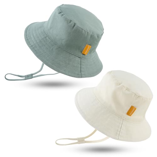 JANGANNSA Cotton Baby Sun Hat Infant Toddler Boys Girls Bucket Hats Summer Sun Protection Kids Beach Caps - color: Beige+green, size: 6-12 Months
