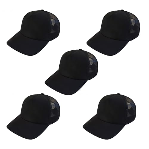 Trucker Hat for Men & Women, Mesh Back Baseball Cap, Adjustable Snapback, Breathable Lightweight Black Cap - color: Black (Pack of 5)