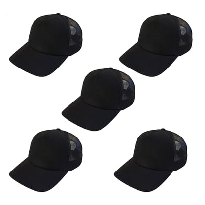 Trucker Hat for Men & Women, Mesh Back Baseball Cap, Adjustable Snapback, Breathable Lightweight Black Cap - color: Black (Pack of 5)