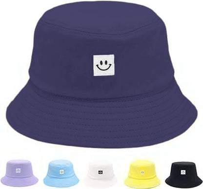 Kids Sun Hat Smile Face Bucket Hat for Girls Boys Summer Sun Protection Cotton Unisex Beach Cap - color: Navy
