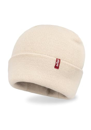 Levi's Mens All-Season Hero Beanie Soft Knit Cuffed Winter Hat, Warm & Comfortable Everyday Style - color: Cream Red Tab
