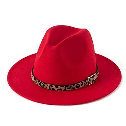 Women's Wide Brim Felt Fedora Panama Hat with Leopard - color: Red