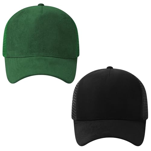 Suede Curved Brim Trucker Cap Adjustable Snapback Hat Mesh Back Breathable for Men Women 2 Pack SH03 - color: Pack of 2, Black & Green