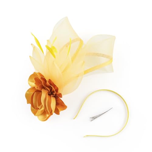 Fascinators Hat for Girls and Women Tea Party Flower Mesh Feather Kentucky Headwear with Headband and Clip - color: Gold