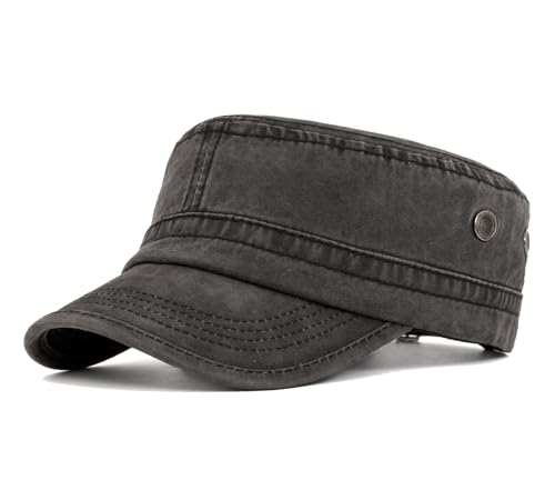 Military Cadet Army Cap for Men Women-Washed Cotton Vintage Adjustable Flat Top Baseball Hat - color: Washed Black