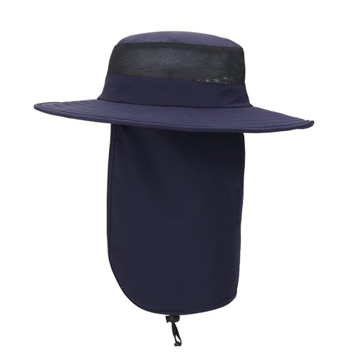 Outdoor Sun Hat UPF 50 Protection Waterproof Fishing hat Face Cover Summer Neck Flap Hat - color: Navy Blue