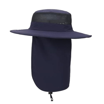 Outdoor Sun Hat UPF 50 Protection Waterproof Fishing hat Face Cover Summer Neck Flap Hat - color: Navy Blue