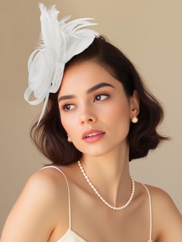Fascinators Hats for Girls and Women Feather Tea Party Hats Weddinh Mesh Hat with Headband and Clip - color: White