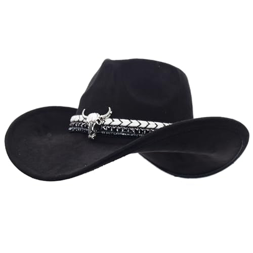 Women Men Western Cowboy Cowgirl Hat with Buckle Belt Wide Brim Outdoor Fedora Hats - color: Black
