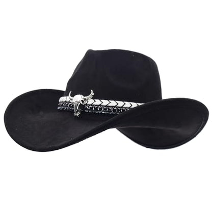 Women Men Western Cowboy Cowgirl Hat with Buckle Belt Wide Brim Outdoor Fedora Hats - color: Black