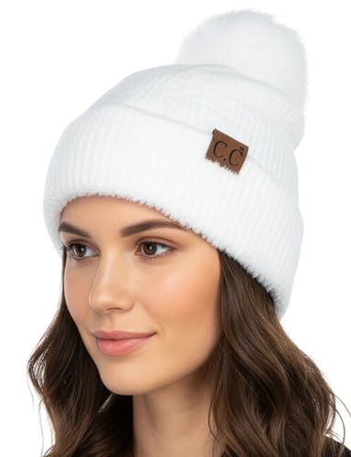 Funky Junque Beanie for Women Ultra Soft Chenille Faux Fur Pom Pom Winter Hats Warm Ski Cap Fashion - color: Ivory
