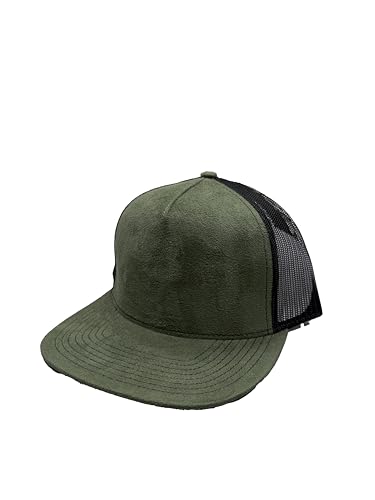 Ashen Fane Faux Suede Polyester Blend 5 Panel Classic Flat or Round Visor Adjustable Snapback Mesh Back Trucker Hat - color: Flat - Olive Green