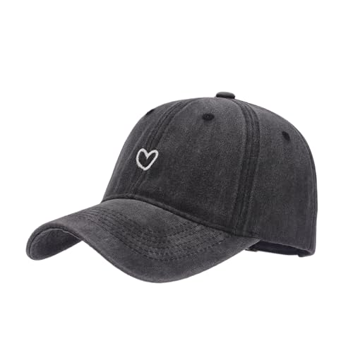 Women's Cute Heart Embroidered Baseball Cap Adjustable Vintage Washed Cotton Low Profile Dad Hat - color: Black