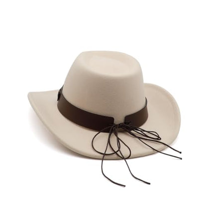 Western Cowboy Hat for Men Cowgirl Hat for Women Unisex Wide Brim Felt Fedora Hats Classic Cowboy Hats - color: Beige