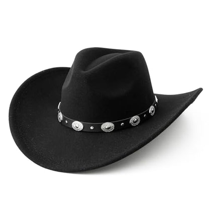 Lanzom Women Men Felt Wide Brim Western Cowboy Hats Belt Buckle Panama Hat - color: Black, size: Large-X-Large