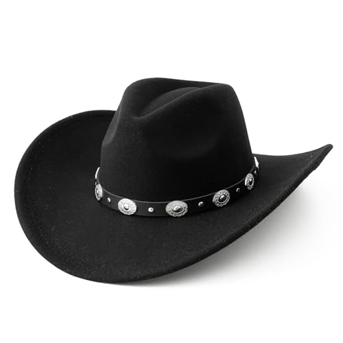 Lanzom Women Men Felt Wide Brim Western Cowboy Hats Belt Buckle Panama Hat - color: Black, size: Medium-Large