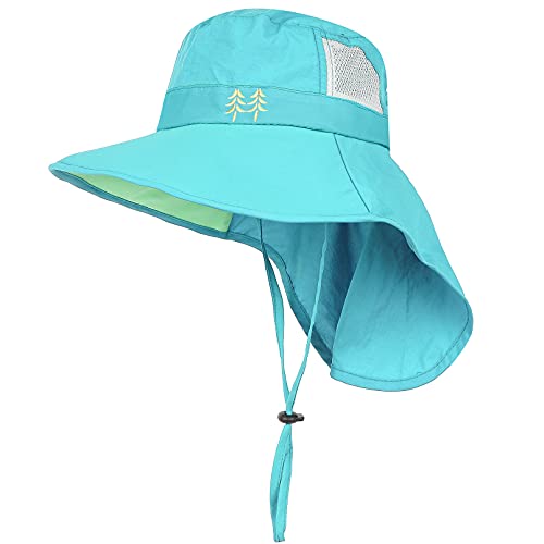 Kids Sun Hats UPF 50+ Sun Protection Hat for Kids with Neck Flap Adjustable Large Brim Beach Fishing Hat for Age 3-12 - color: Sky Blue