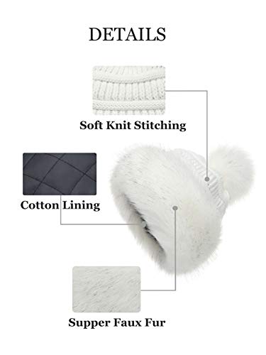 Soul Young Women's Faux Fur Hat Russian Cossack Knit Pompom Hat Ski Snow Cap for Winter Outdoor - color: White