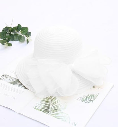 Women's Kentucky Derby Church Dress Hat Wide Brim Leaf Flower Bridal Shower Hat - color: 01 White