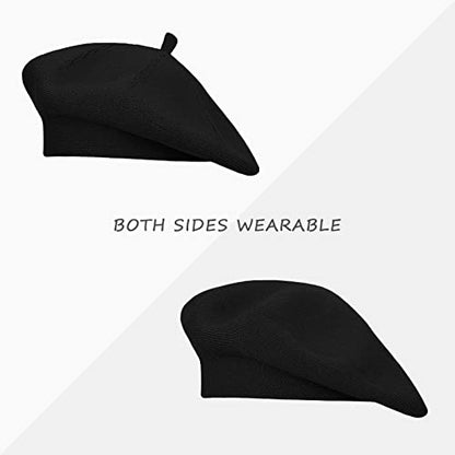 Gllutt Beret Hat French Style Stretchy Knitting Solid Color Both Side Usable - color: Black