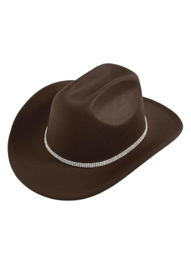 Verdusa Women's Western Cowboy Hat Rhinestone Wide Brim 2026 Cowgirl Hat - color: Coffee Brown