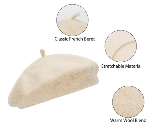 French Beret Hat for Women Solid Beanie Cap Stretchable Winter Warm Beret - color: Beige