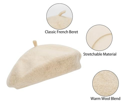 French Beret Hat for Women Solid Beanie Cap Stretchable Winter Warm Beret - color: Beige