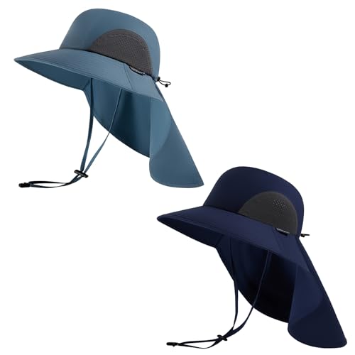 UPF 50+ Foldable Sun Hats Wide Brim with Large Neck Flap for Men Women UV Protection Gardening Fishing Beach Hat - color: Pack of 2, Navy Blue & Stone Blue