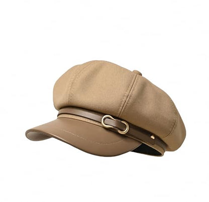 Womens Newsboy Cap Fashion PU Leather Cabbie Painter Hat Beret Cap - color: Khaki