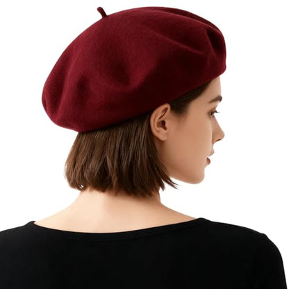 Women French Beret Hat Solid Artist Hat Wool Beret Winter Warm Beanie Cap - color: Dark Red