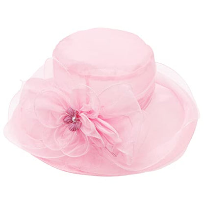 AQOKKA Women Organza Church Fascinators Kentucky Derby Hats for Women and Girls Wedding Flower Tea Party Hat with Wide Brim - color: Simulated Flower : Pink