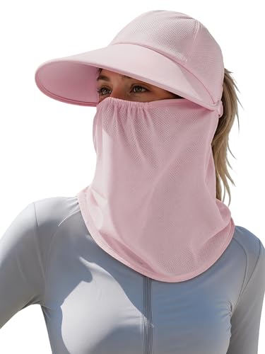 Outdoor Wide Brim Sun Hat Visor for Women, Detachable Face & Neck Cover, Hiking Gardening UPF 50+, Ponytail Friendly - color: Pink