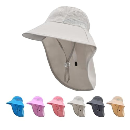 Rosoz Kids Sun Hat with Neck Flap UV Protection Summer Toddler Beach Hat Unisex Ponytail Hat Wide Brim Fishing Hat - color: 1pack-light Grey
