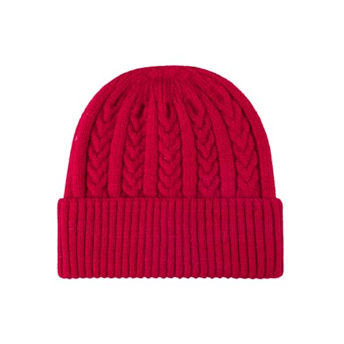 Winter Cable Knit Hat Elasticity Cuffed Thick Soft Beanie Skull Cap for Women Men - color: Wine Red