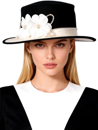 HIMESPORT Women's Black/White Dome and Flat Brim Wool Felt Fedora Hat with Flower Beaded Formal Church Cocktail Hats - color: Black