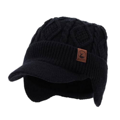 Winter Beanie with Brim Thick Fleece Knit Hat Short Brim Newsboy Hats Warm Earflaps Slouchy Skull Ski Caps - color: Mg-hem25107-black