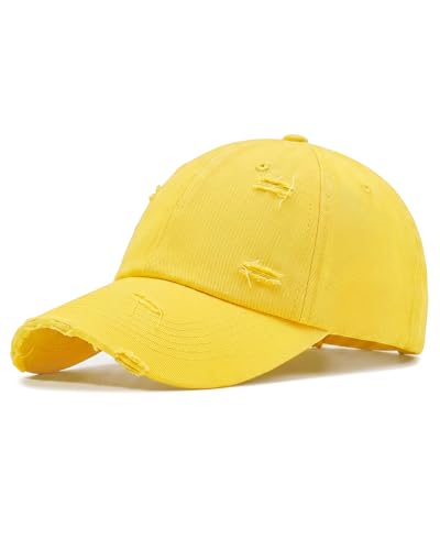 Distressed Washed Cotton Baseball Cap Adjustable Dad Hat for Men Women - color: Yellow