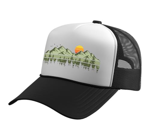 Trees Landscape Mountains Vintage Forest Trucker Hat with Adjustable Mesh Back - color: Black/White