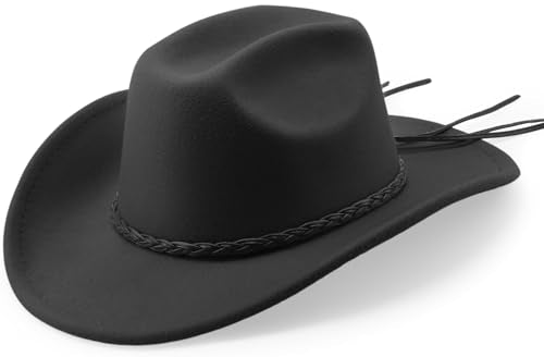 DRESHOW Western Cowboy Hat for Men Women Cowboy Cowgirl Hat Outdoor Wide Brim Retro Felt Fedora Hats Unisex Rolled up Caps - color: 1 Pack Style 9: Dark Gray With Braided Band
