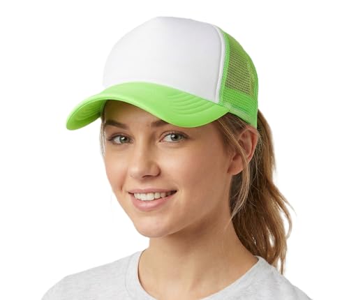 NYFASHION101 Plain Mesh Trucker Hat - Breathable 6-Panel Daily Snapback Cap, Customizable Ideal for DIY Embroidery & Patches - color: Mc Neon Green/White