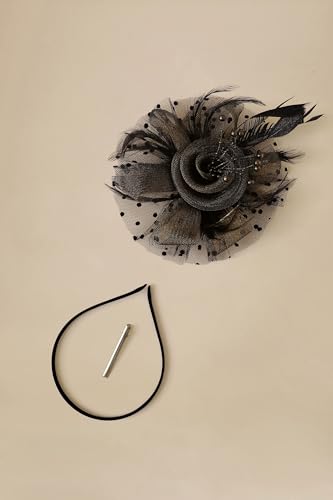 BABEYOND Fascinators Hats for Women Tea Party Flower Tulle Bead Derby Hat - color: Dusty Black