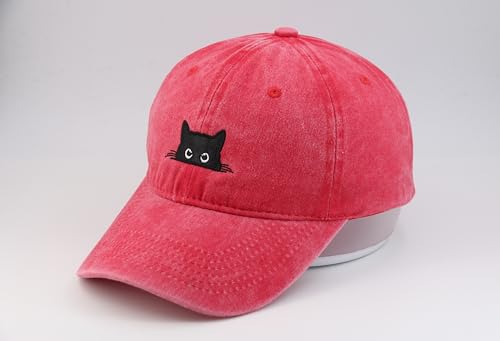 Peeking Black Cat Embroidered Washed Baseball Cap, Adjustable Vintage Dad Hat for Cat Lovers Unisex - color: Watermelon Red