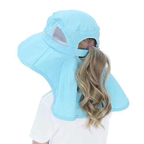 Kids Sun Hats UPF 50+ Sun Protection Hat for Kids with Neck Flap Adjustable Large Brim Beach Fishing Hat for Age 3-12 - color: Sky Blue