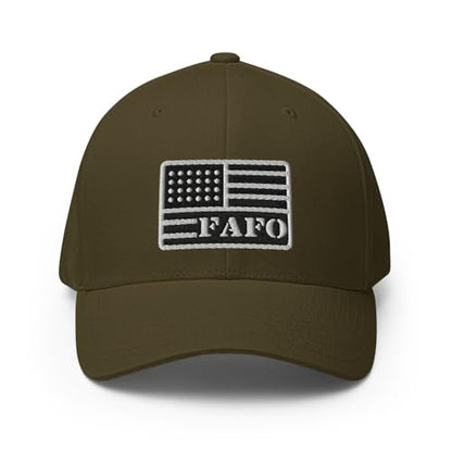 FX FAFO USA Flag Fitted Hat Embroidered Curved Bill Mid Crown Closed-Back Structured Twill Cap - color: Olive, size: Large-X-Large