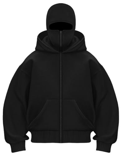 EUDOLAH Balaclava Jacket Zip Up Fashion Double Layer Hoodie Hip Hop Outerwear Jacket Y2K Clothing for Men and Women - color: Black, size: Large