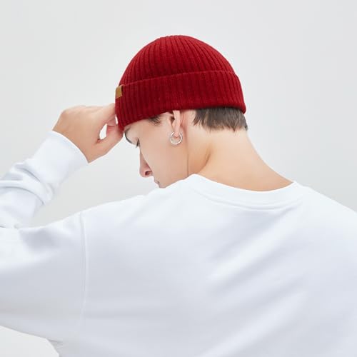 100% Merino Wool Fisherman Beanie Hat, Unisex Warm Winter Hats, Soft Breathable Knitted Short Cuffed Cap - color: Deep Red