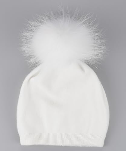 Women's Double Layer Winter Slouchy Knit Beanie Hat with Real Fur Pom Pom - color: White Pom